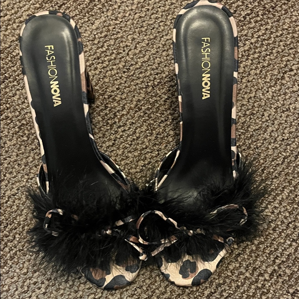 Fashion Nova Leopard and Black Feather Heels